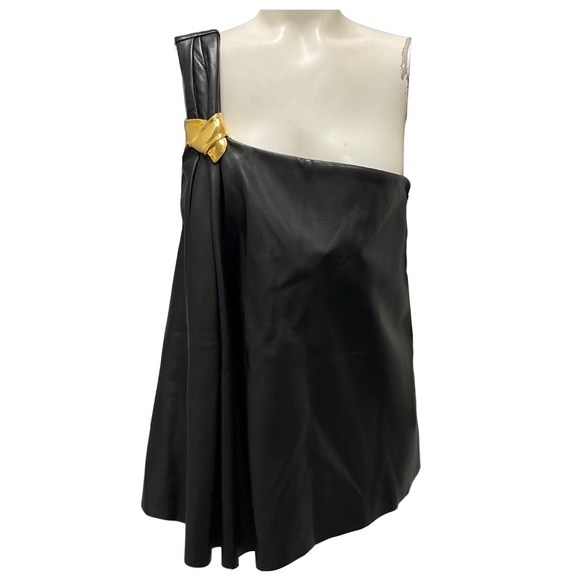 BRANDON MAXWELL BLACK ONE SHOULDER NAPPA LAMB LEATHER TOP - Picture 1 of 6